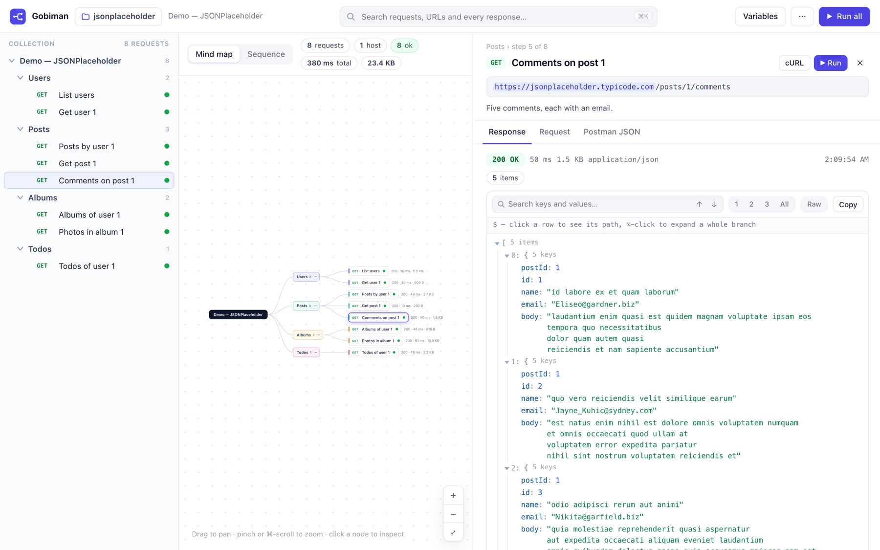The inspector open on the Comments on post 1 request: the resolved URL with the base URL highlighted, the Response tab showing 200 OK, 50 ms, 1.5 KB, and a collapsible JSON tree of five comments with postId, id, name, email and body